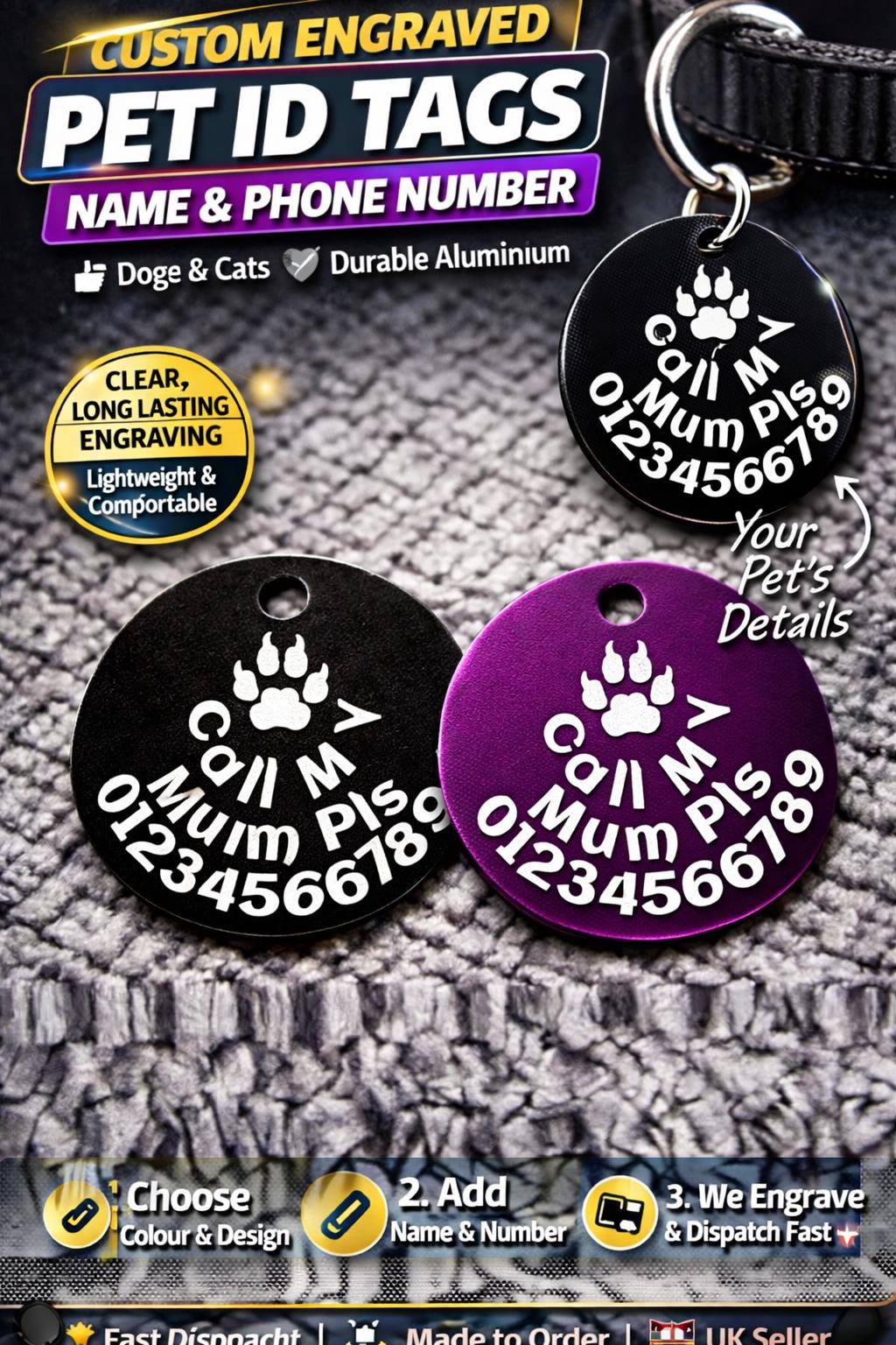 Personalised Pet ID Tag | Custom Engraved Aluminium Dog Cat Tag (Paw Print Design)