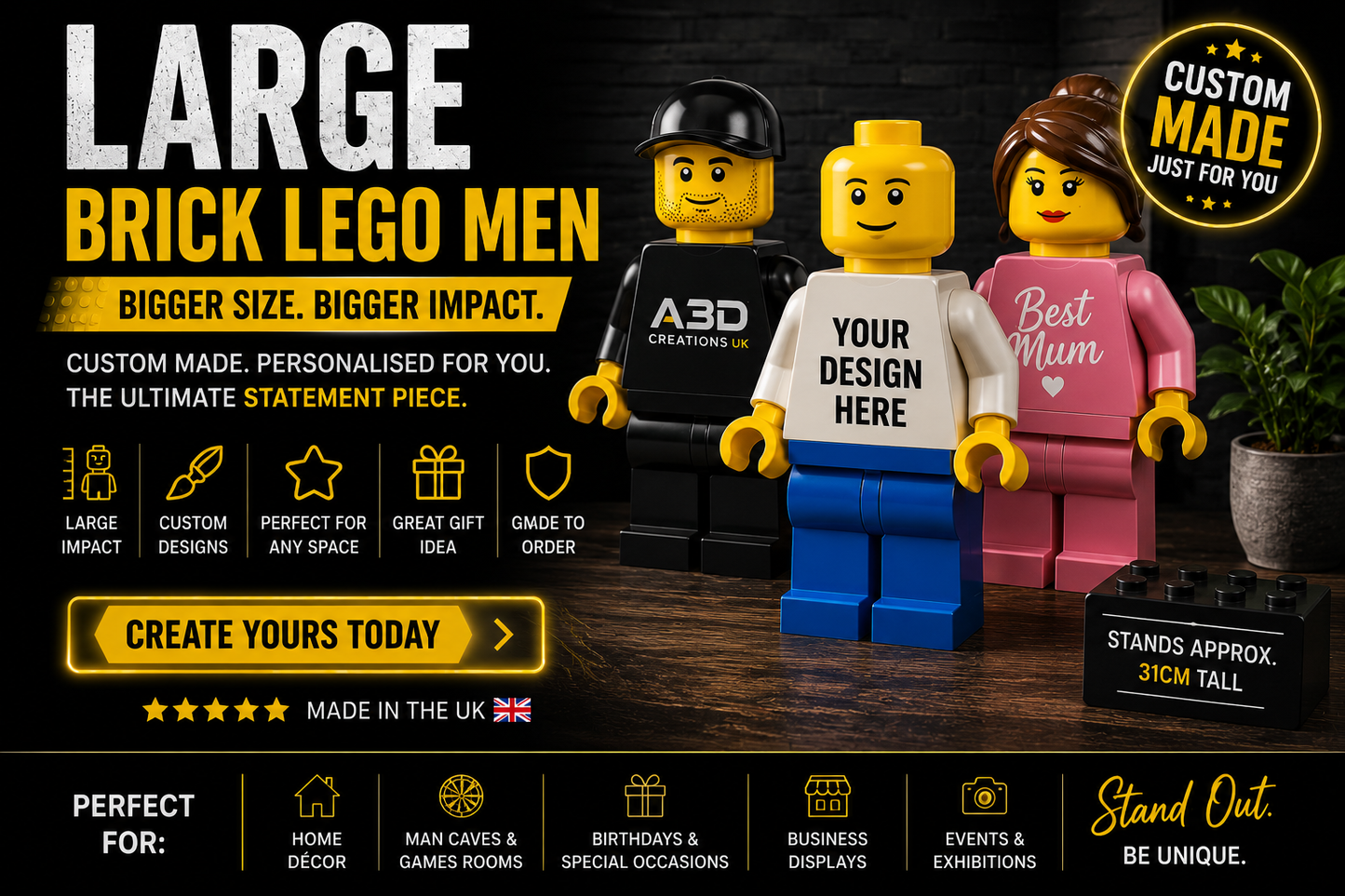 Custom Large Brick Man Standing 20cm Tall Others to choose from in shop