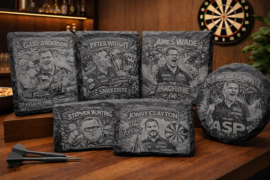 Engraved Dart player themed Coasters: Slate Coasters Drinkware for Home Bar