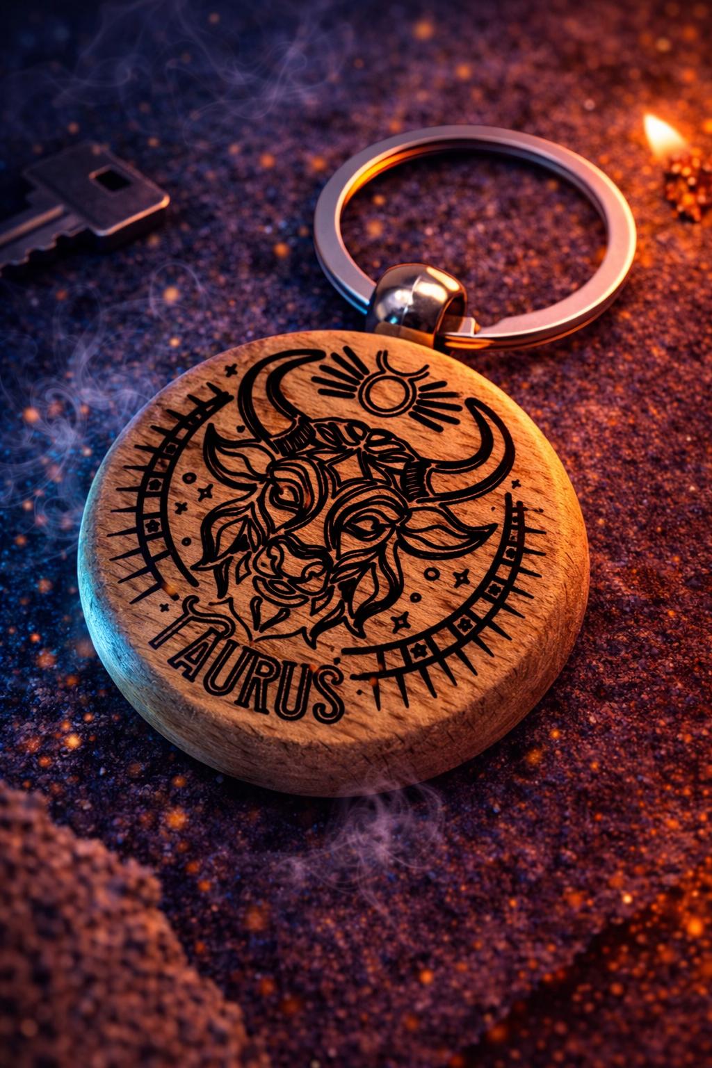Personalised Zodiac Wooden Keyring – Engraved Star Sign Round Wood Keychain Gift