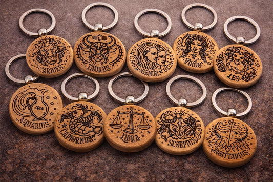 Personalised Zodiac Wooden Keyring – Engraved Star Sign Round Wood Keychain Gift