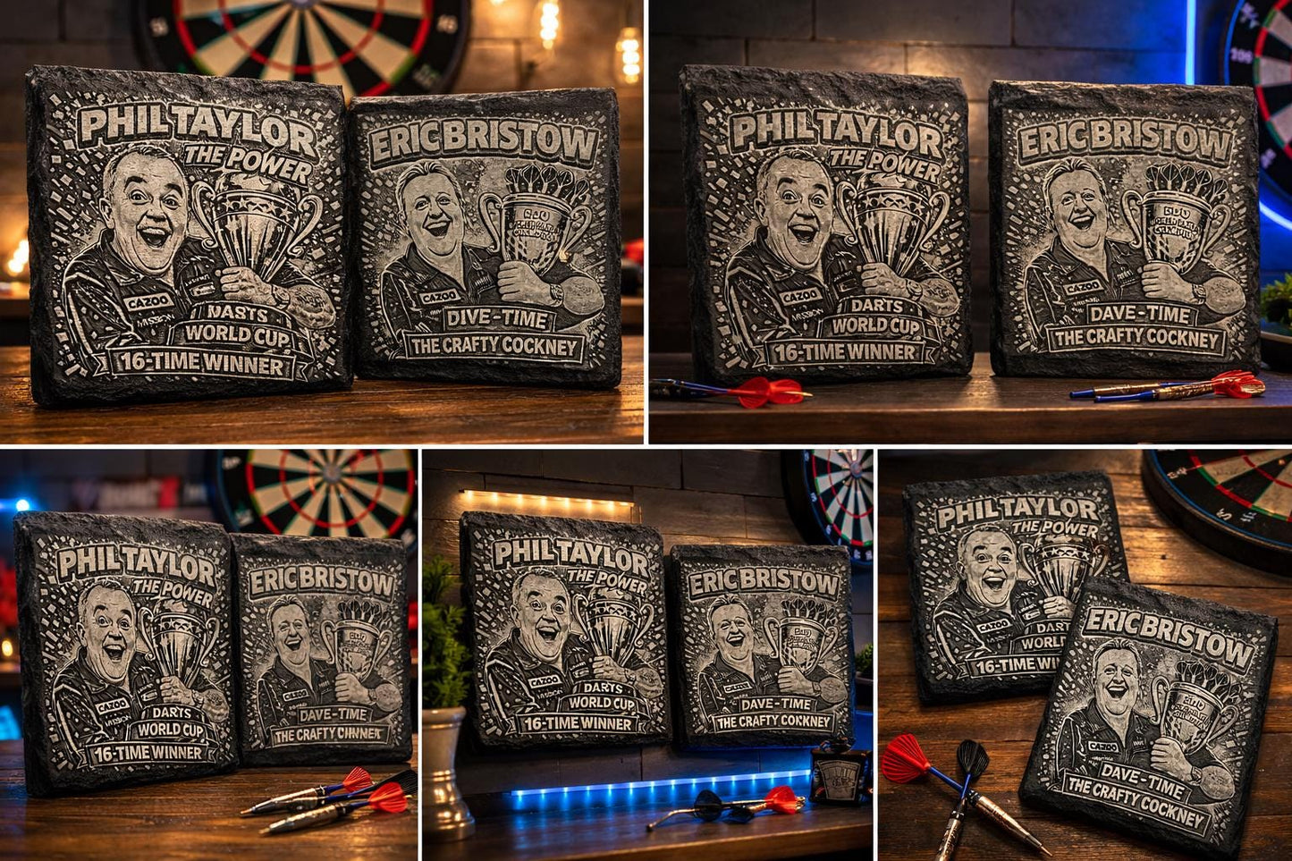 Engraved Dart player themed Coasters: Darts Legends Phil The Power and Eric The Crafty Cockney