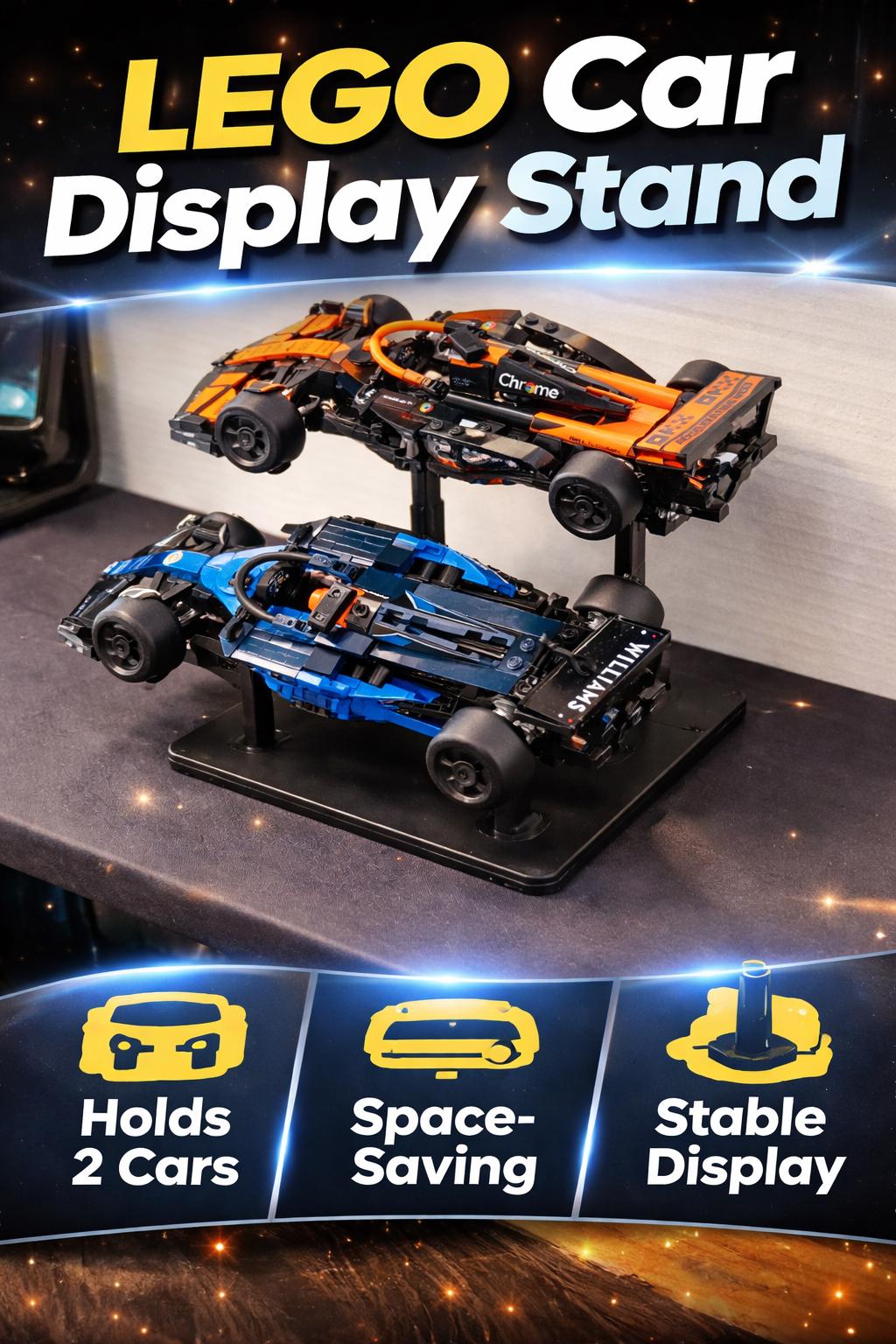 LEGO Car Display Stand | Dual Holder for Technic & F1 Cars | Space Saving Desk Display | 2 Car Storage | Gift for LEGO Fans