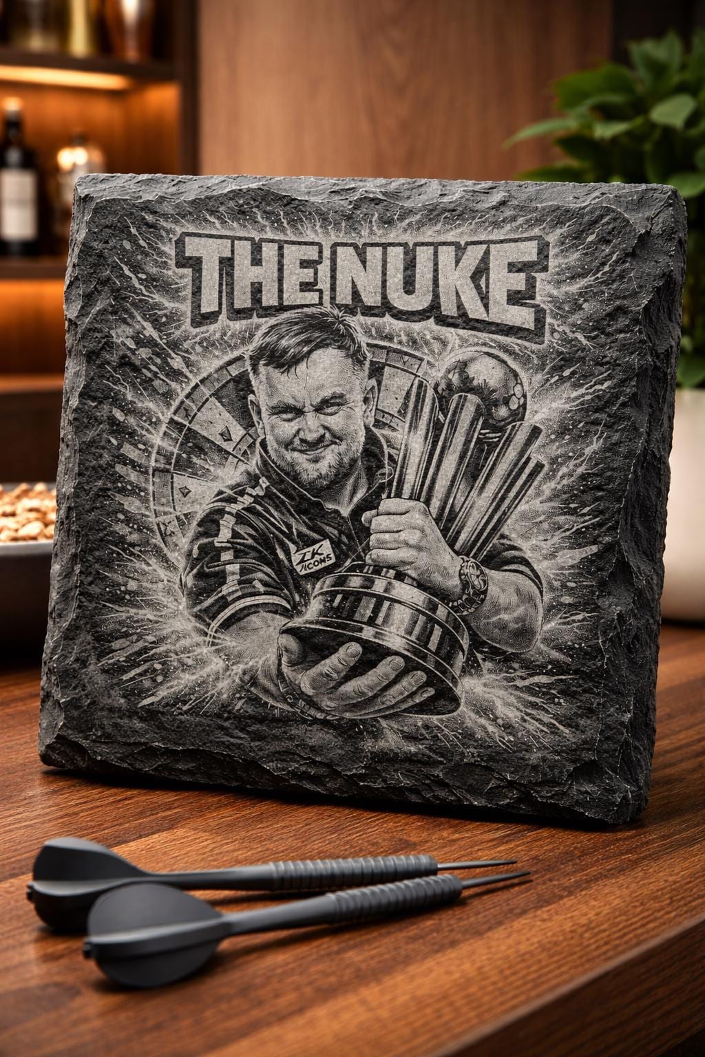 Engraved Dart player themed Coasters: Slate Coasters Drinkware for Home Bar