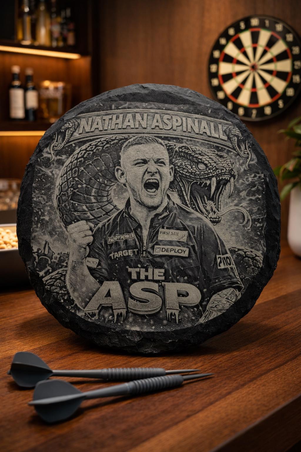 Engraved Dart player themed Coasters: Slate Coasters Drinkware for Home Bar