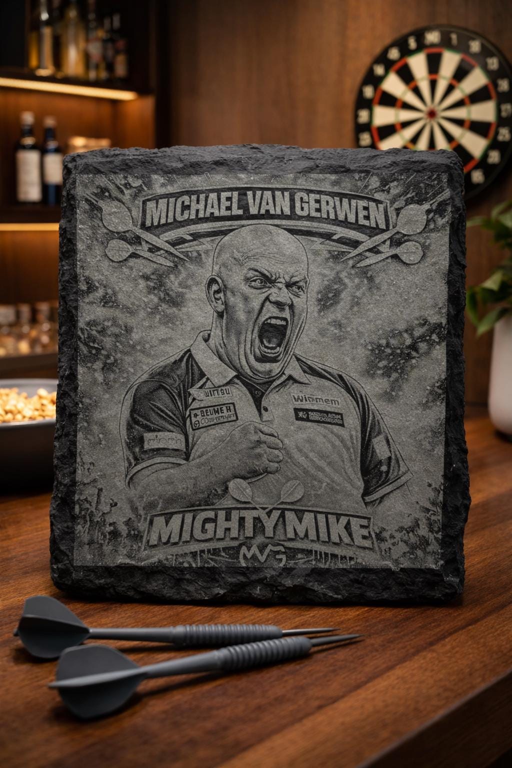 Engraved Dart player themed Coasters: Slate Coasters Drinkware for Home Bar