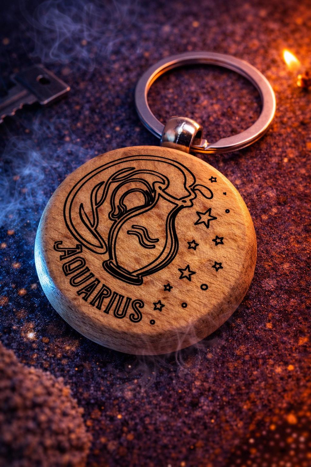 Personalised Zodiac Wooden Keyring – Engraved Star Sign Round Wood Keychain Gift