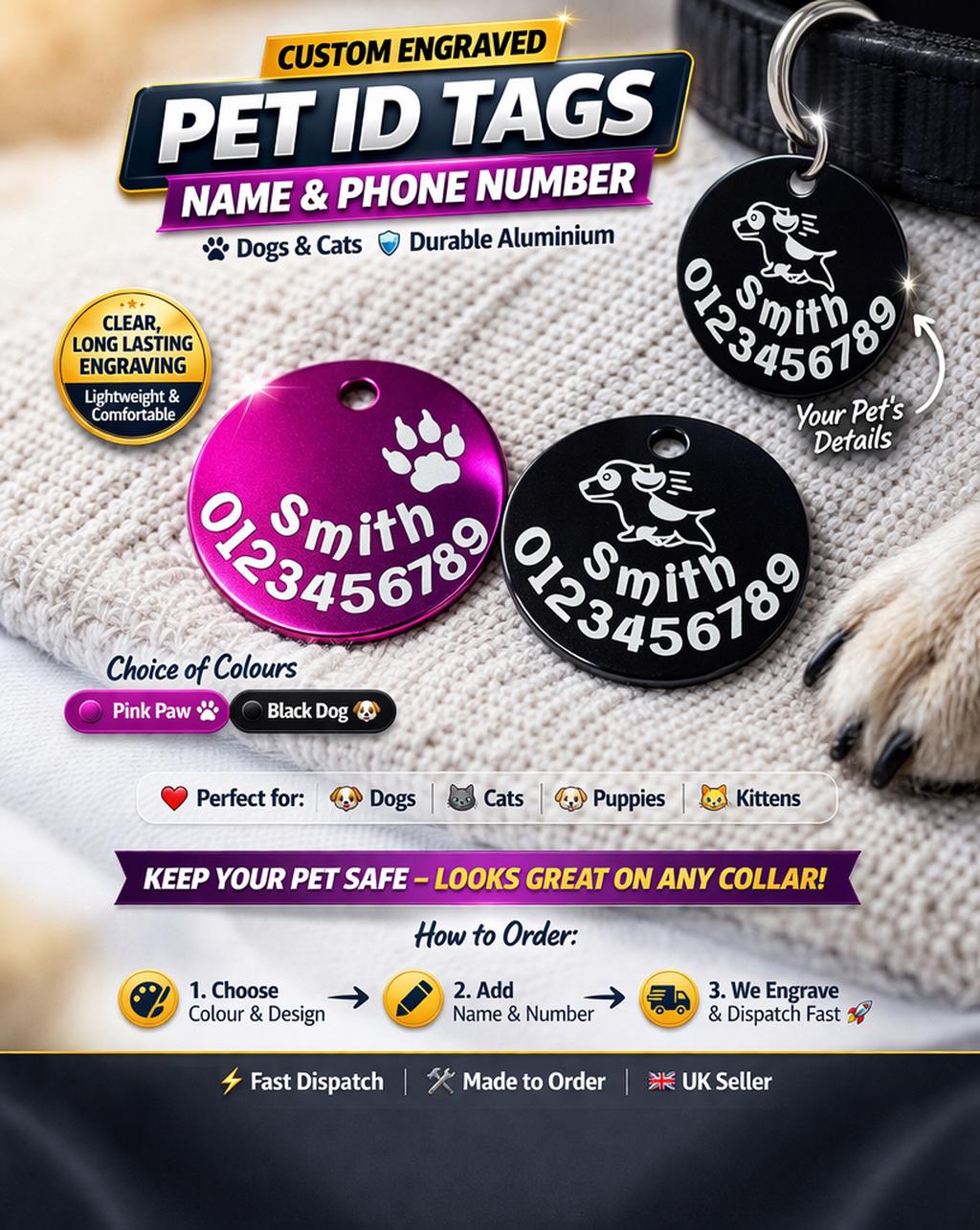 Personalised Pet ID Tag | Custom Engraved Aluminium Dog Cat Tag (Paw Print Design)