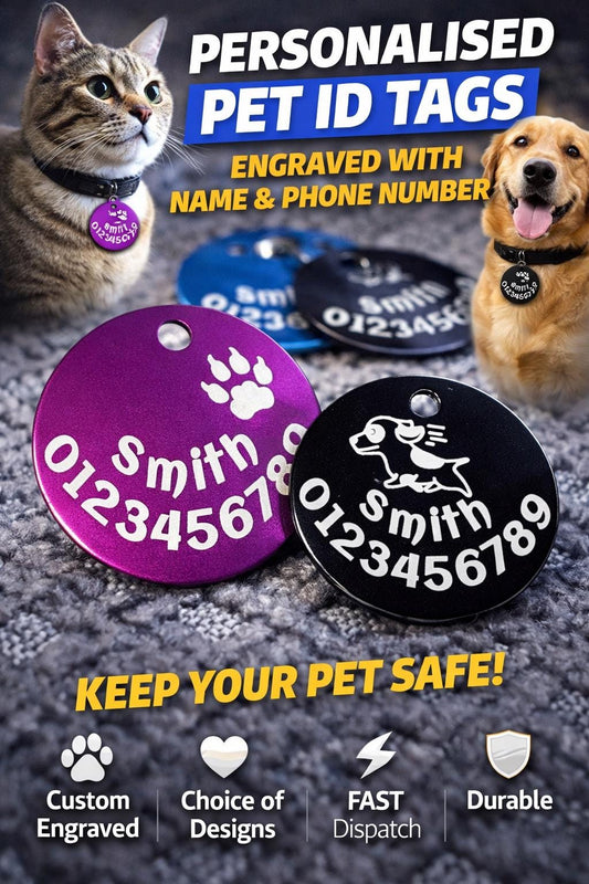 Personalised Pet ID Tag | Custom Engraved Aluminium Dog Cat Tag (Paw Print Design)