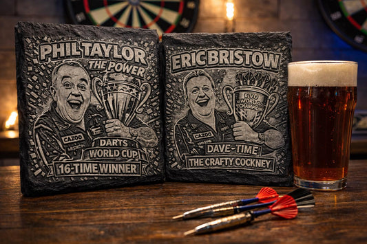 Engraved Dart player themed Coasters: Darts Legends Phil The Power and Eric The Crafty Cockney