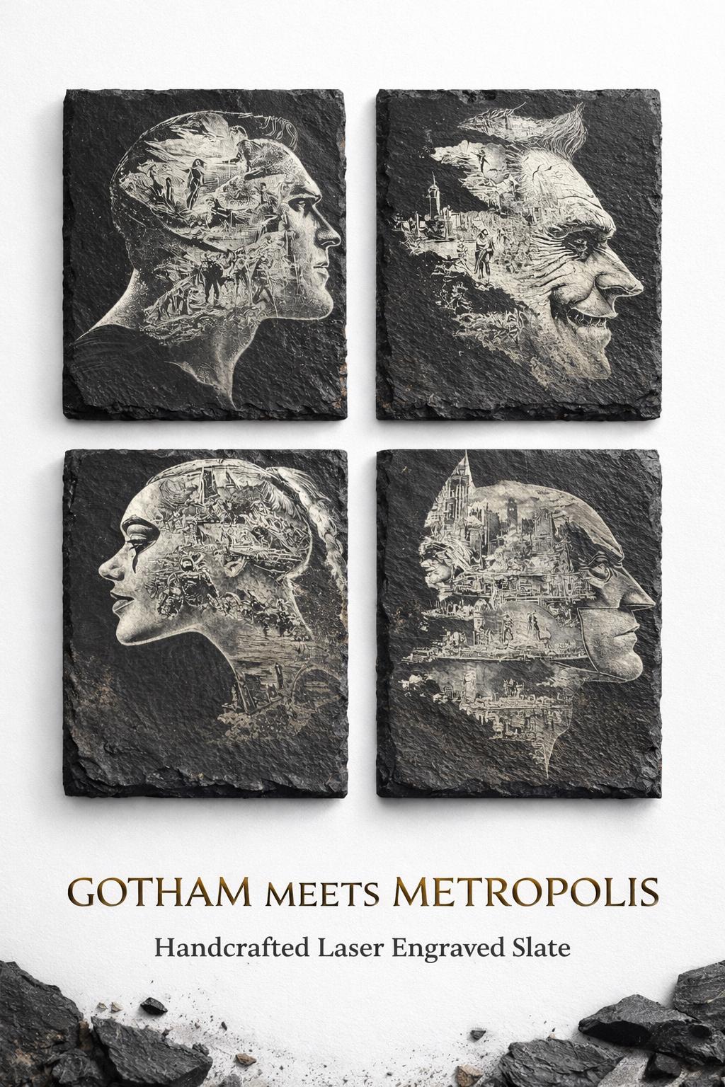 Engraved Themed Coasters: Gotham Meets Metropolis with Batman, Joker, Harley and Superman