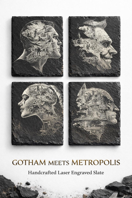 Engraved Themed Coasters: Gotham Meets Metropolis with Batman, Joker, Harley and Superman